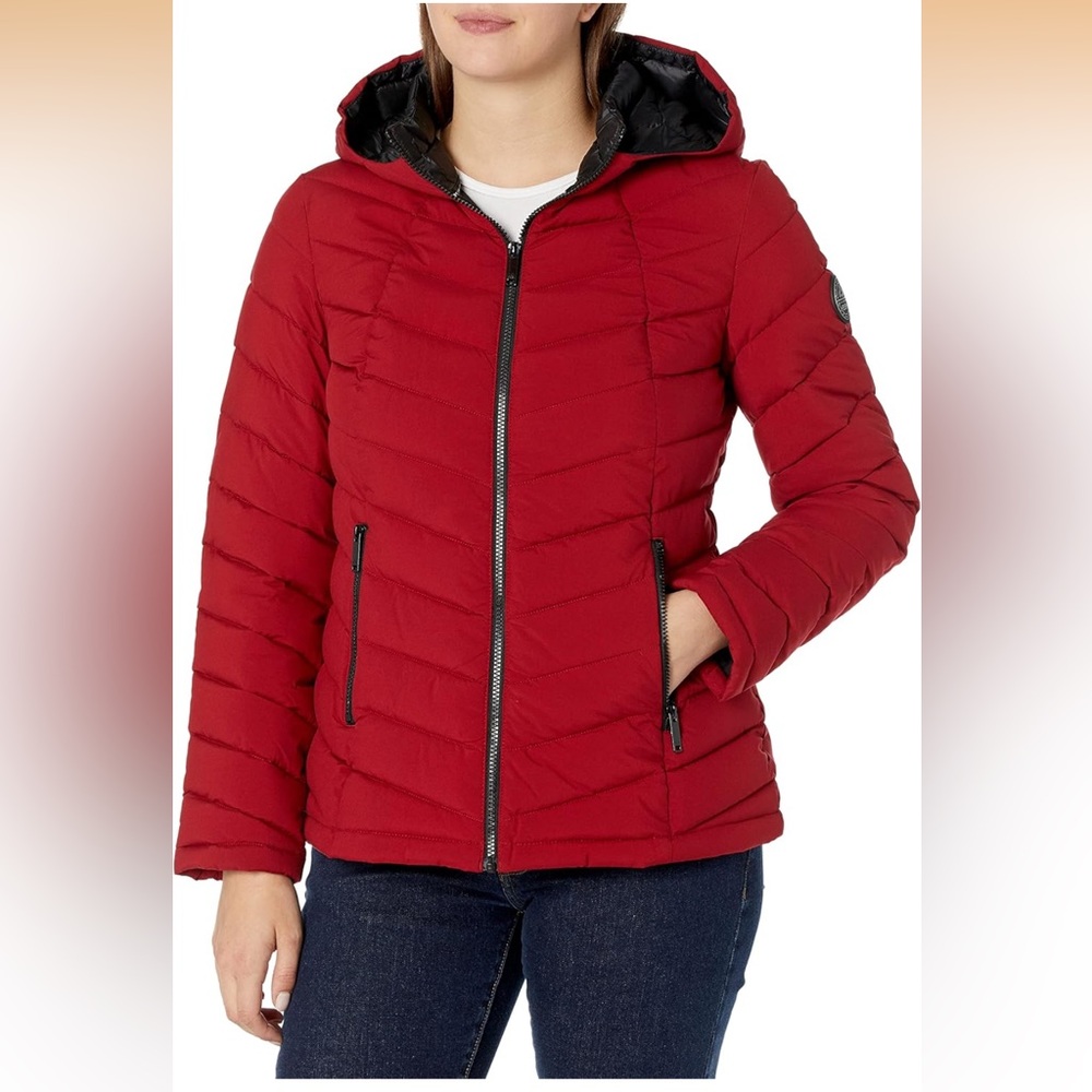 Women’s HFX Stretch Chevron Quilted Hooded Zip Front Scarlet Puffer Coat XL